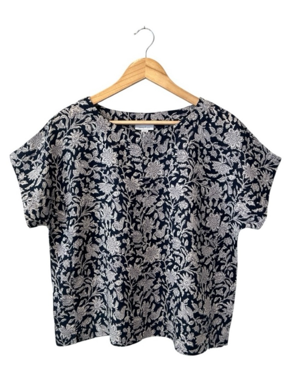 Pure Jill linen short sleeve top navy floral small petite
